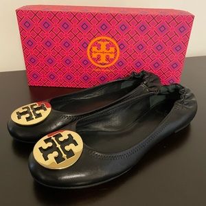 Tory Burch Black Leather, Gold Logo, Reva Flats - size 9